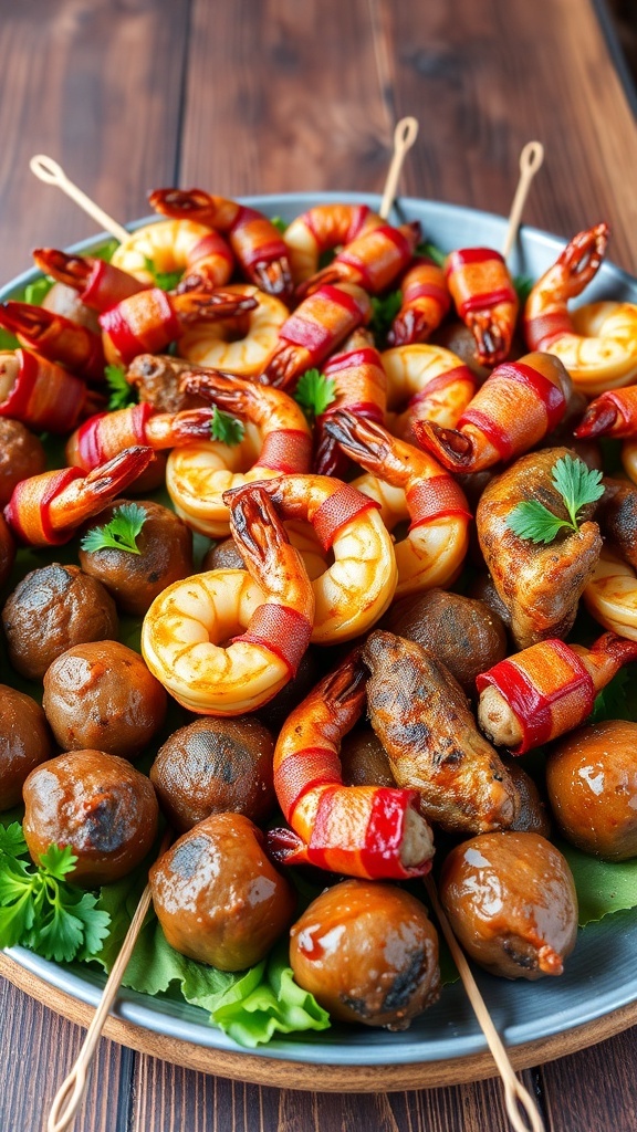 A colorful assortment of meat-based appetizers including bacon-wrapped shrimp, meatballs, and chicken wings on a wooden platter.